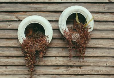 Upcycled tyre hanging flower planter